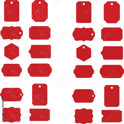 Red Tag Vector Set Assorted Label Shapes with Scalloped, Rectangular, and Hexagonal Designs for Packaging and Decoration