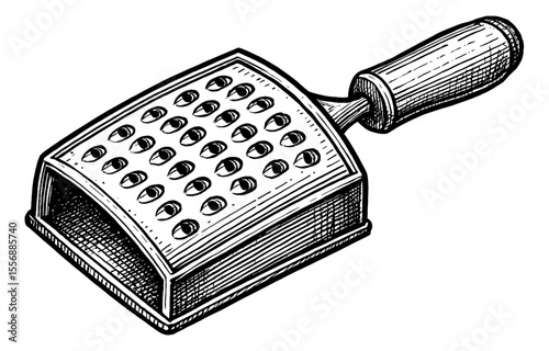 Detailed Black and White Engraving of a Grater with Handle, Kitchen Utensil