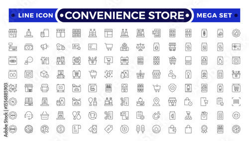 Convenience Store Outline Icon Set. Online payment, discount, buy, shopping cart, delivery, credit card, customer service