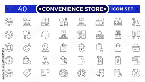 Convenience Store Outline Icon Set. Online payment, discount, buy, shopping cart, delivery, credit card, customer service
