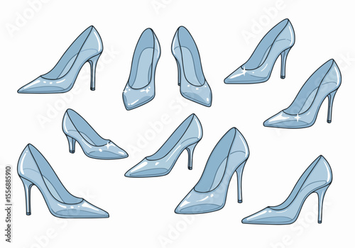 Set of high-heeled glass slipper illustrations, ideal for fantasy, fashion, and storybook designs.