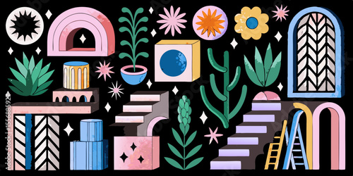 Abstract mid century modern geometric shapes and plants on black background