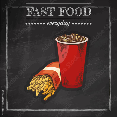 Hand drawn vintage illustration of soda drink in red cup with French fries on chalkboard background, fast food concept
