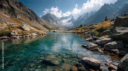 A scenic view of a clear lake surrounded by mountains with snow capped peaks and a cloudy blue sky