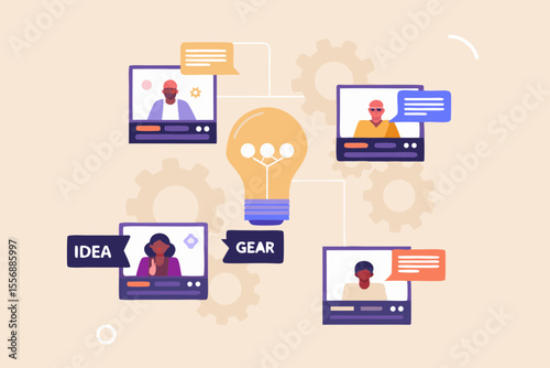 Team collaboration and idea generation with a central lightbulb and connected people