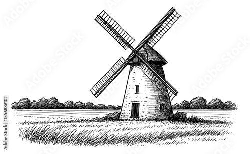 Windmill in a Field Black and White Engraving Style Detailed Line Art Drawing