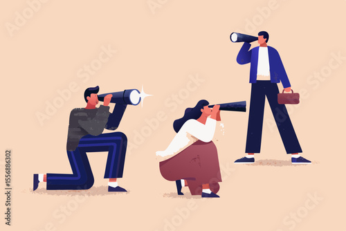 Diverse group of people using telescopes to search for opportunities and future vision