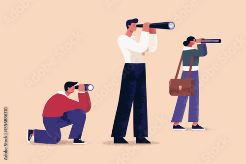 Three diverse people looking through telescopes in different positions seeking future opportunities