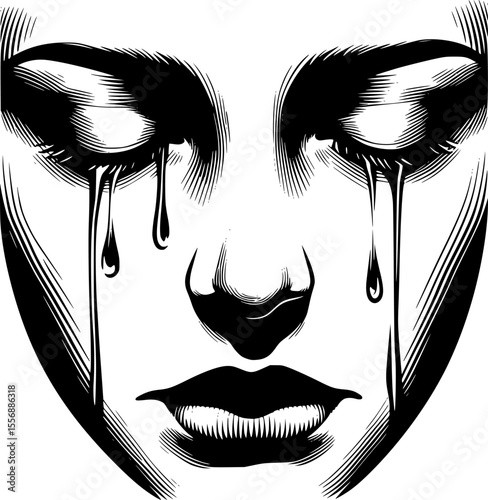 Minimalist close-up vector of a face with tears and closed eyes, emotional and clean style.