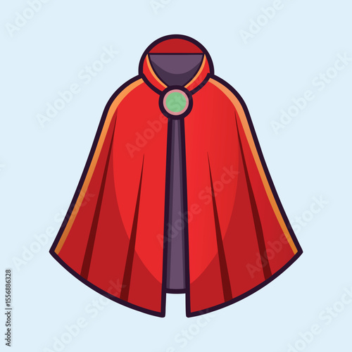 A red and hooded cape with a magical green emerald brooch