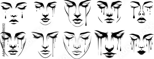 set of ten minimalist close-up vector of a face with tears and closed eyes, emotional and clean style.