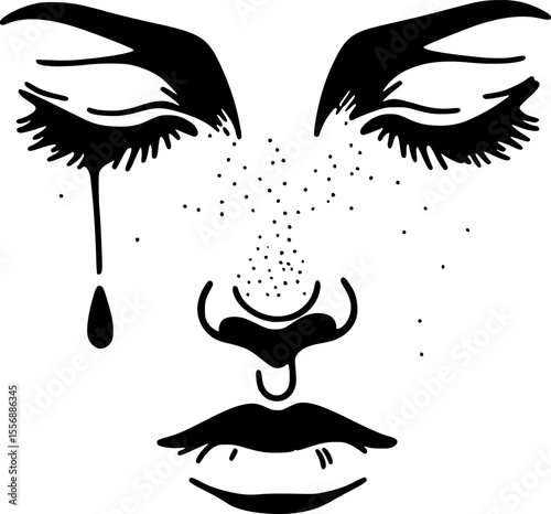 Minimalist close-up vector of a face with tears and closed eyes, emotional and clean style.