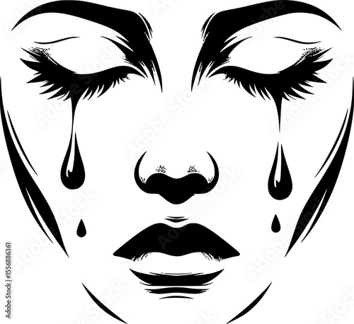Minimalist close-up vector of a face with tears and closed eyes, emotional and clean style.
