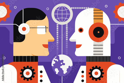 Human and robot facing each other with global connection and gears symbolizing technology