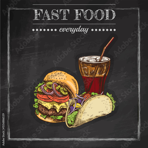 Hand drawn vintage fast food set with burger, taco and soda on chalkboard background, colorful vector illustration