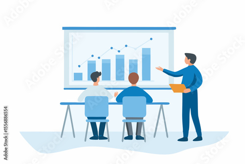 Business presentation with upward trending graph on screen and attendees listening