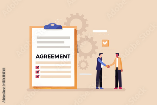 Two businessmen shaking hands next to a signed agreement document with gears
