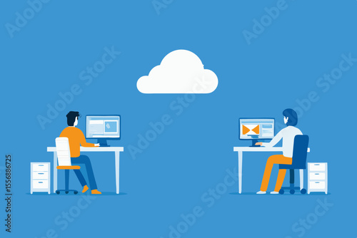 Two people working on computers connected to a cloud storage service