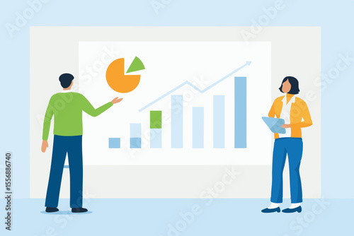 Two business people presenting financial data and charts on a screen
