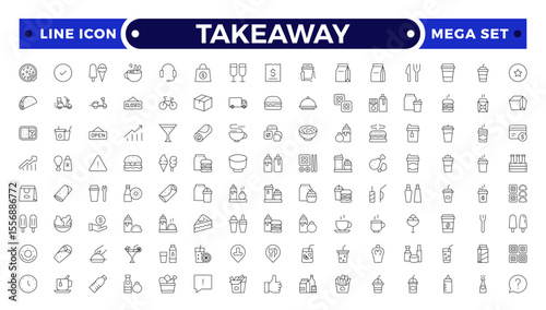 Takeaway Outline icon set. Fast food outline icons. Fast food vector icon line set. Burger sandwich pizza hot dog cola coffee sweets.