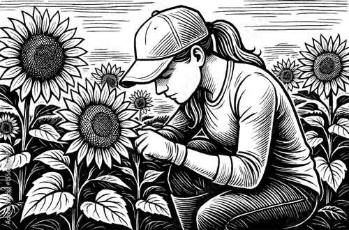 Woman tending sunflowers in garden, wearing cap and gloves, in black and white engraving