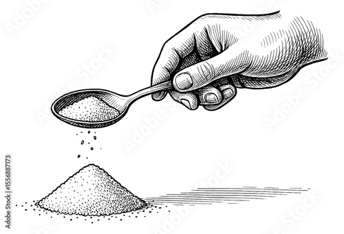Hand holding spoon pouring grains or powder into pile in detailed black and white drawing