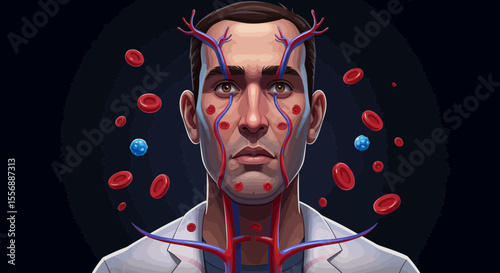 Illustration depicting human circulatory system with blood vessels on a doctor's face