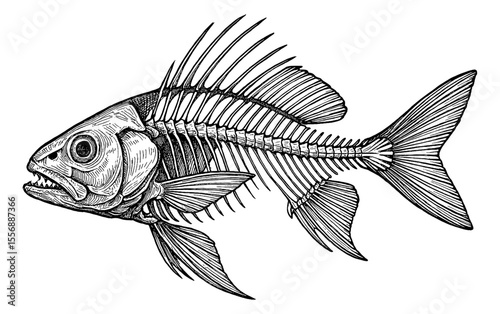 Detailed Fish Skeleton Illustration in Black and White Vector Art