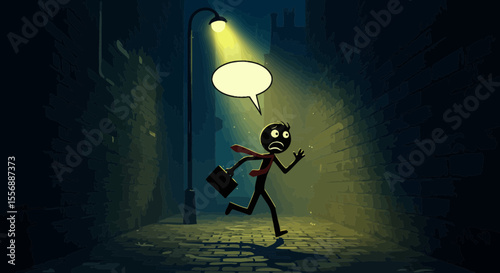 Frightened stick figure running down dark alley with lamplight and thought bubble