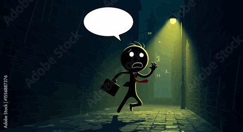 Cartoon businessman running scared in dark alley with speech bubble above him