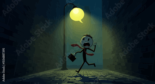 Cartoon Businessman Running Scared at Night Under a Suspicious Streetlight