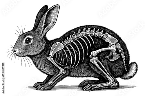 Rabbit Skeleton Engraving Style Illustration, Anatomy of a Rabbit, Black and White