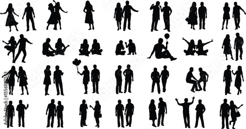Couple and people silhouette vector collection, walking, sitting, talking, dancing, romantic pose, modern lifestyle scene, black isolated figures

 flat vector illustration
