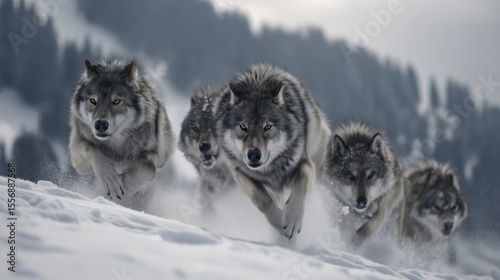 雪の中を駆けるオオカミの群れ | Pack of wolves running in the snow
