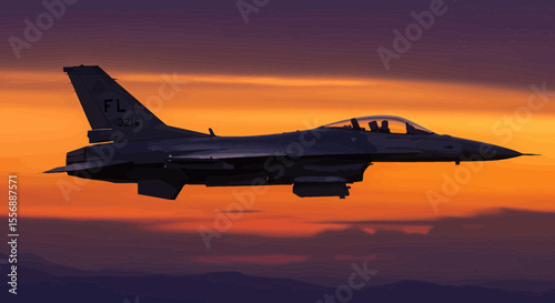 F-16 Fighting Falcon soars against a vibrant sunset sky during golden hour