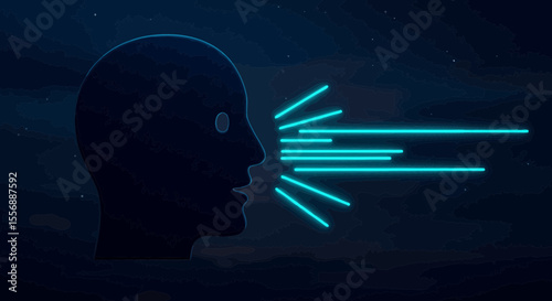 Abstract head silhouette with neon communication signals on starry sky backdrop