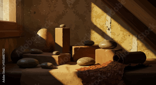 Calm Still Life with River Stones and Geometric Shapes in Warm Sunlight