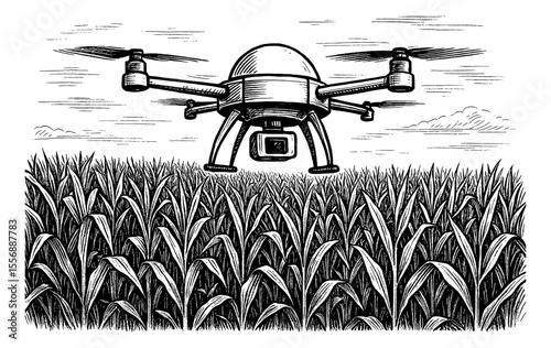 Drone flying over crop field in detailed line art illustration, black and white, aerial perspective.