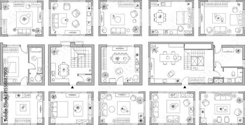  Detailed apartment floor plan illustration, top view interior layout, home furniture arrangement, modern black white blueprint, architecture drawing design

flat vector illustration