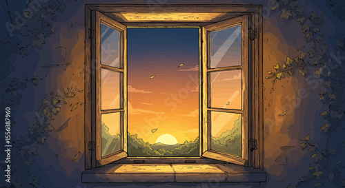 A serene sunset view through an open window with ivy on the walls backdrop