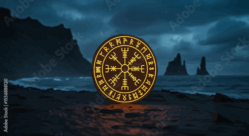 Mystical vegvisir symbol illuminates remote icelandic black sand beach at twilight