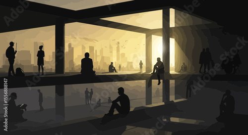 Silhouettes in Contemplation: Abstract Urban Scene with Golden Light and Shadow