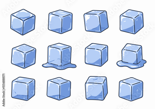 Set of Cartoon Ice Cubes Including Melting Ones on White Background