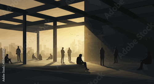 Abstract cityscape view with figures under modern architectural structure