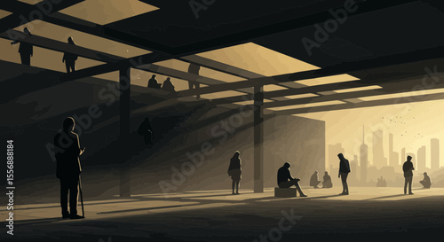 Contemplative urban scene with people silhouettes against a cityscape backdrop