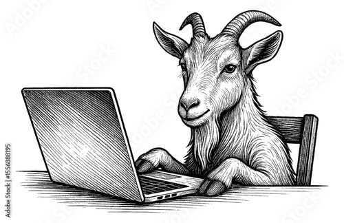 Goat Using Laptop Computer Sitting at Desk in Black and White Detailed Illustration