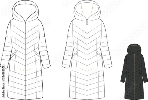 Winter long puffer coat fashion flat sketch, hooded down jacket, technical drawing, apparel template, women’s outerwear design illustration

 flat vector illustration