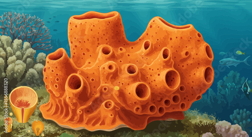 Underwater sea sponge illustration displaying vibrant orange color and porous texture