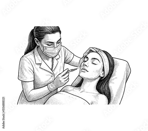 Woman Receiving Cosmetic Injection on Lips by Doctor in Black and White Engraved Line Art
