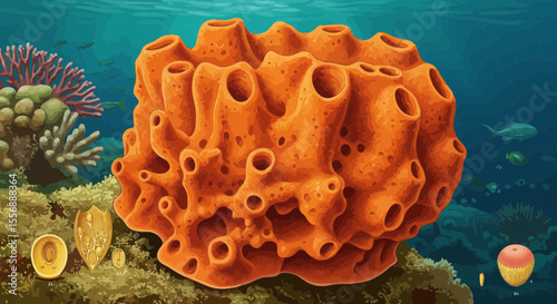 Underwater life illustration showcasing a large sponge in its natural habitat